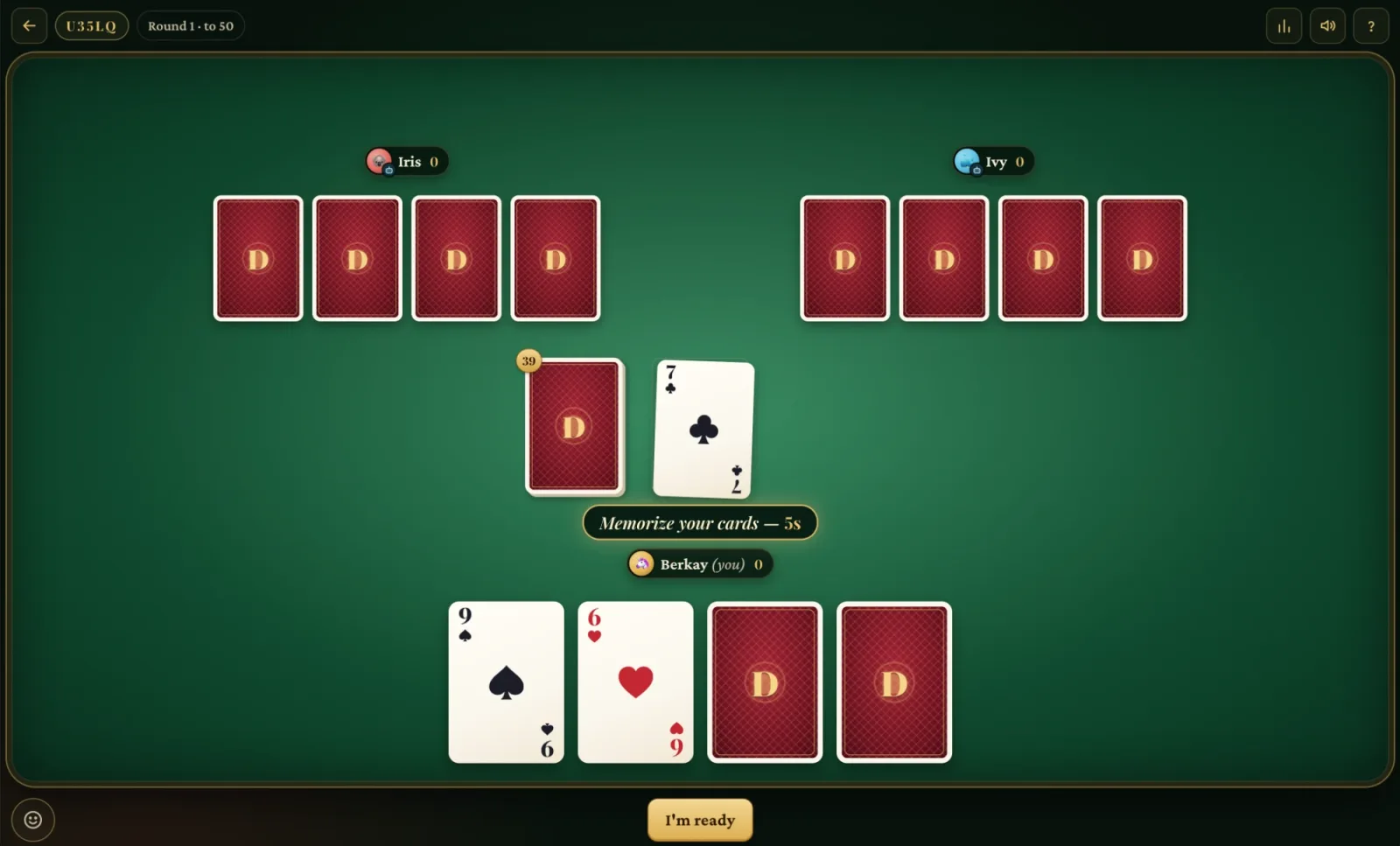 A Dutch table for three players: each has four face-down cards, with the deck and the discard pile in the middle