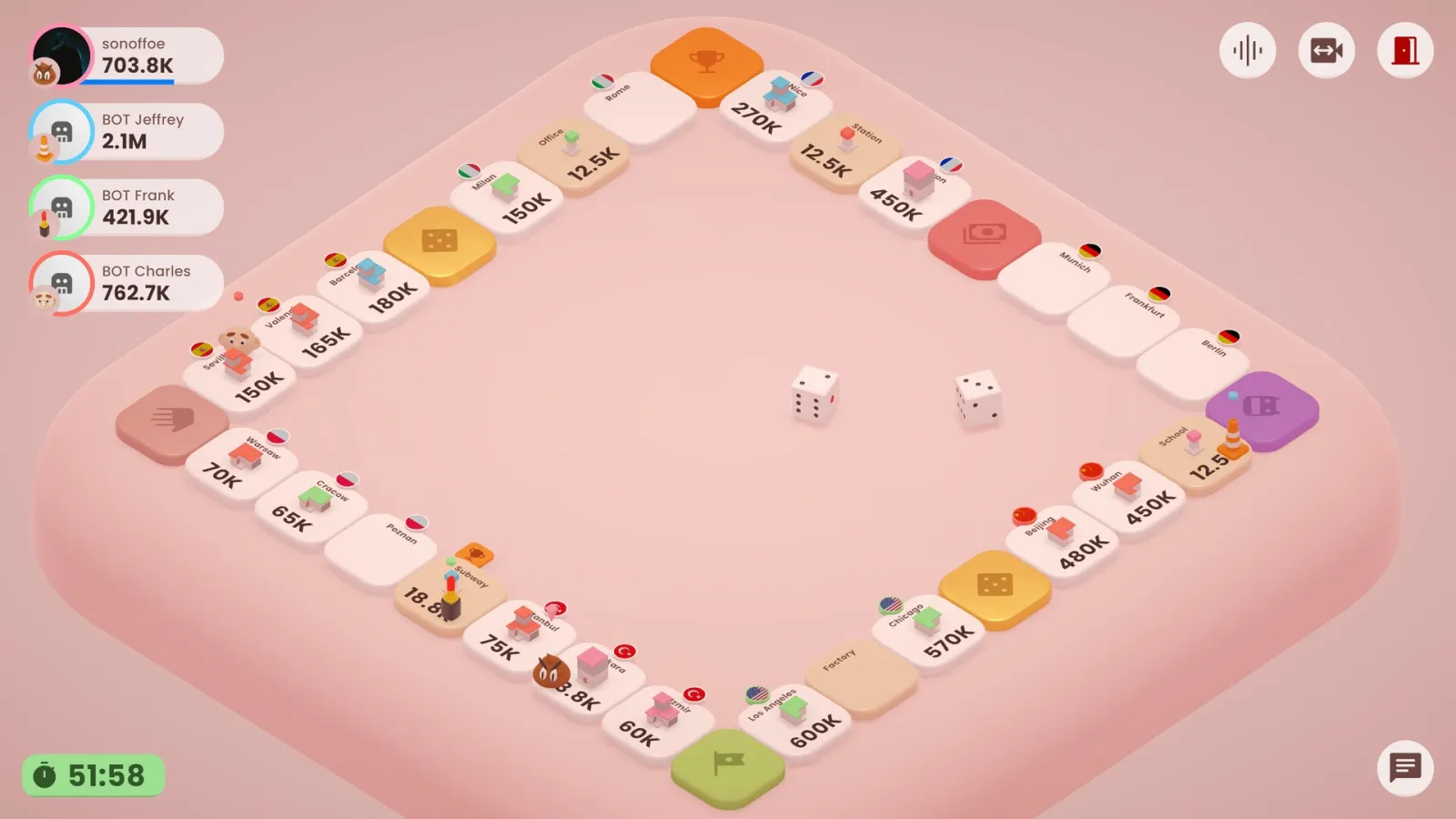 An Investour match: four players around a board of city properties, with two dice in the middle